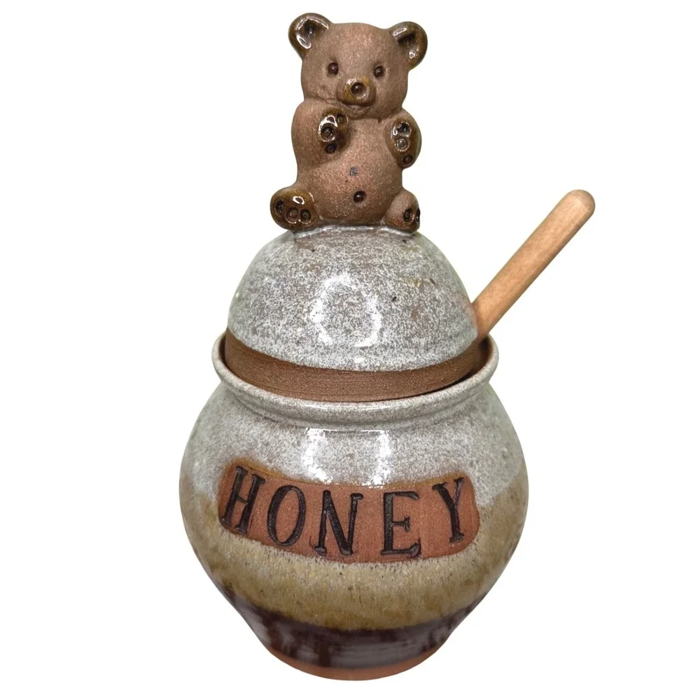 Vintage 1981 Mellow Mud Studio Pottery Bear Honey Pot Jar with Dipper Signed